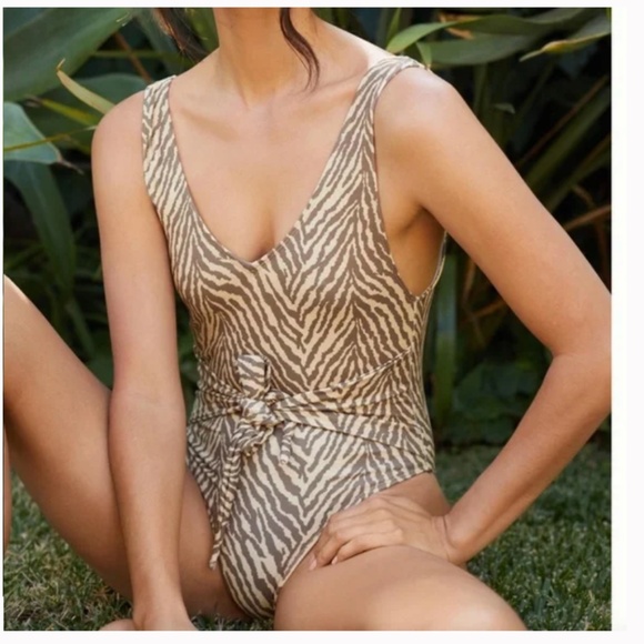 Tie-Front One-Piece Zebra Animal Print Chic Glam Beachy Summer Sexy Swimsuit - Picture 2 of 4